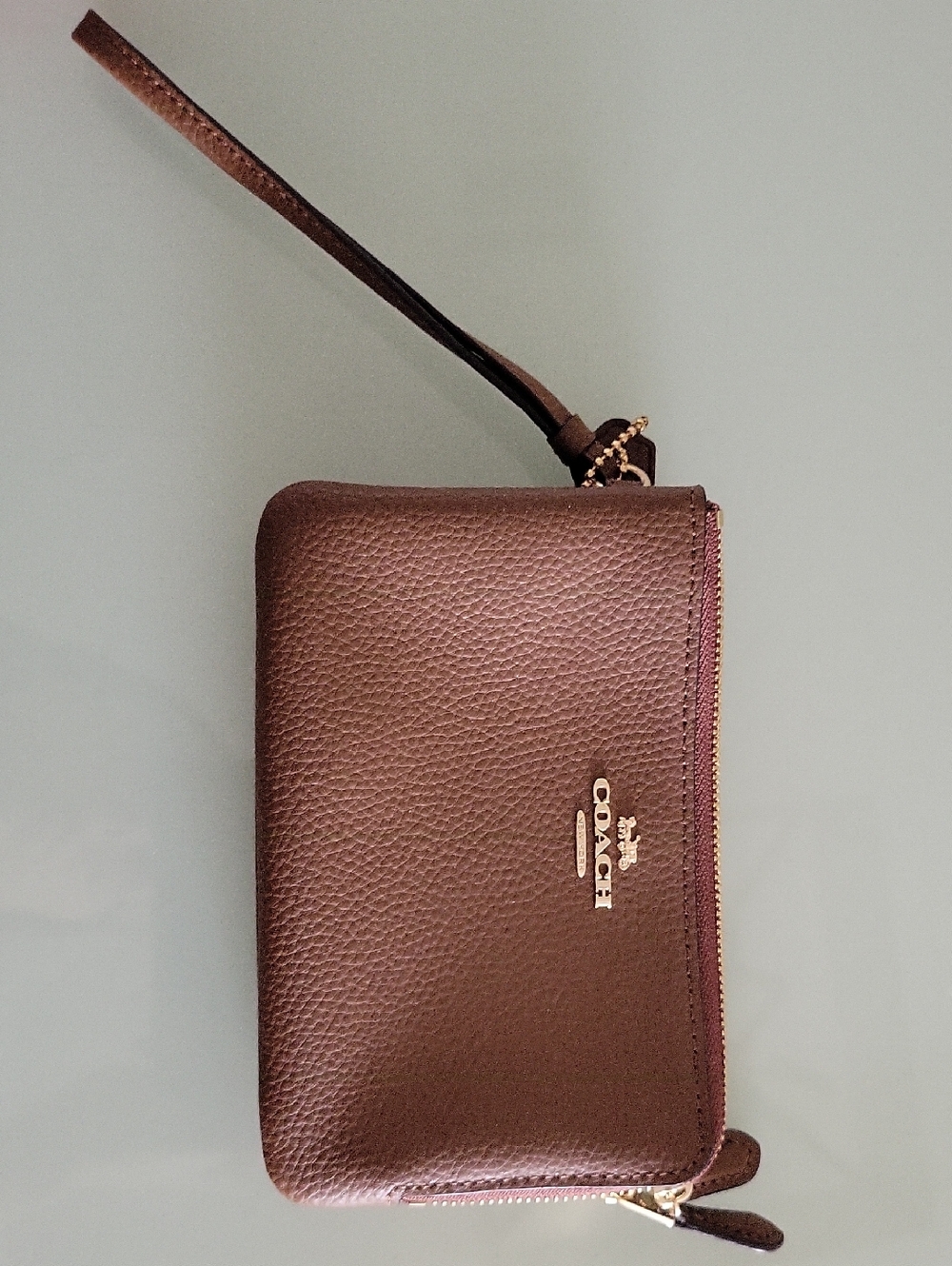 Coach Pebbled Leather Double Zip Wristlet in Brown with Gold Hardware